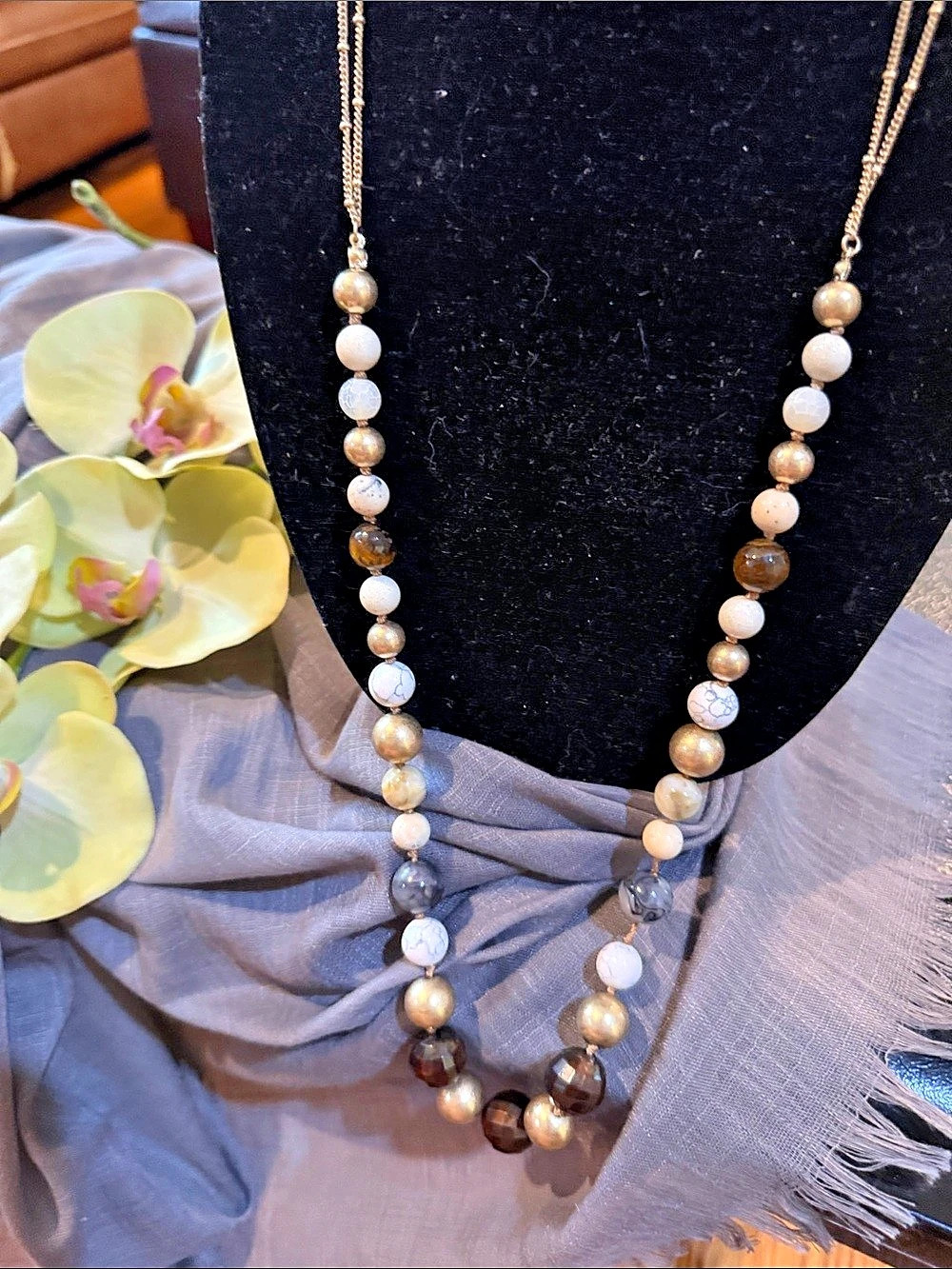 Blunden Beaded Statement Necklace in Gold & White Like New